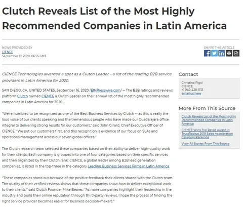 CIENCE Named a Clutch Leader in Latin America