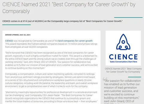 Comparably Names CIENCE One of the Best Companies for Career Growth
