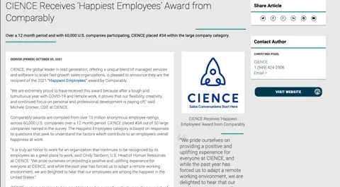 CIENCE Achieves Happiest Employees by Comparably