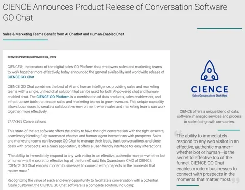 CIENCE Announces Product Release of Conversation Software GO Chat