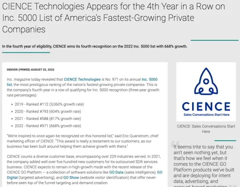 CIENCE Awarded Inc. 5000 America's Fastest-Growing Companies 2022
