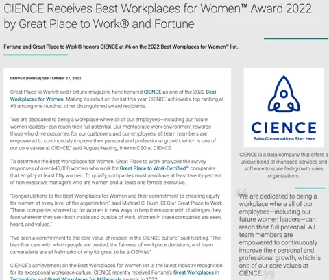 CIENCE Awarded Fortune Best Workplaces for Women 2022