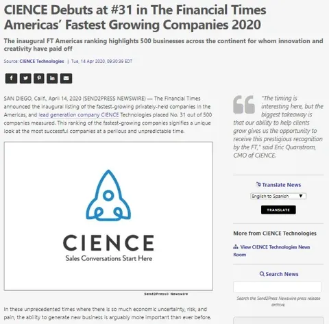 CIENCE Debuts at #31 in The Financial Times Americas’ Fastest Growing Companies 2020