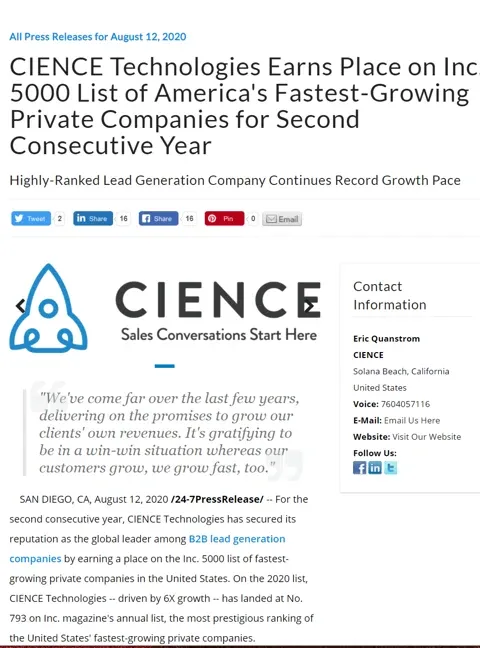 CIENCE Technologies Honored on Inc. 5000 List of America’s Fastest-Growing Companies for Second Consecutive Year