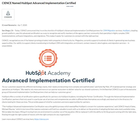 CIENCE Named HubSpot Advanced Implementation Certified