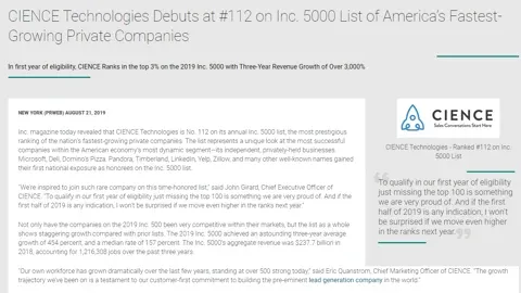 CIENCE Technologies Debuts at #112 on Inc. 5000 List of America’s Fastest-Growing Private Companies