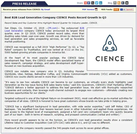 Best B2B Lead Generation Company CIENCE Posts Record Growth in Q3